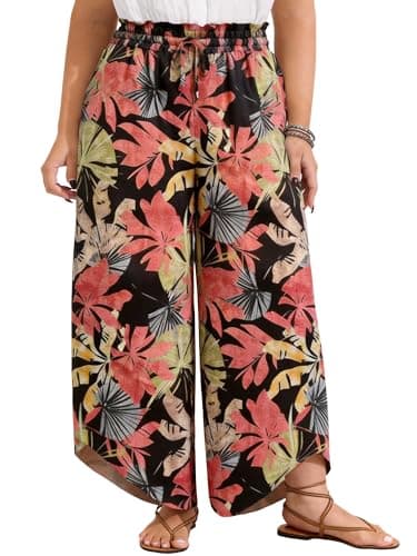 MK Shop Limited Plus Size Wide Leg Pants for Women Elastic High Waist Palazzo Pants Casual Lounge Trousers with Pockets Blackcoral 5XL - Image 1