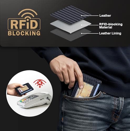 Travelambo Slim Wallet Front Pocket Minimalist Leather RFID Blocking Medium Size (Carbon Fiber Black) - Thumbnail 5