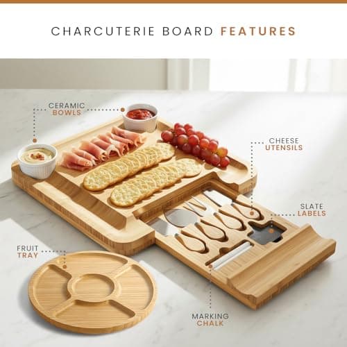 Leaf & Grain Charcuterie Board Set with Accessories Drawer - Real Bamboo Cheese Board & Stainless Steel Knife Set, Large Meat & Cheese Platter for Parties & Gifts - Natural - Thumbnail 4