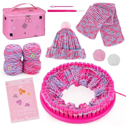 PREBOX Knitting Loom Craft Kit for Kids & Beginners - Create Hat & Scraf with Yarn, Hook Needle, Ideal Birthday Christmas Gifts for Teens Girls Age 6-8 8-12 14+, Rose Loom - Image 1