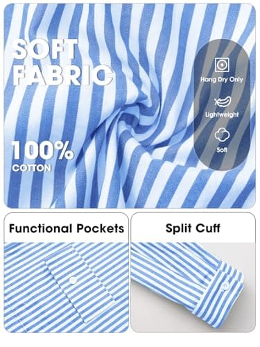 EXLURA Women's 100% Cotton Striped Cropped Button Down Shirt Long Sleeve Blouse Summer Casual Collared Crop Tops with Pockets Blue - Thumbnail 6