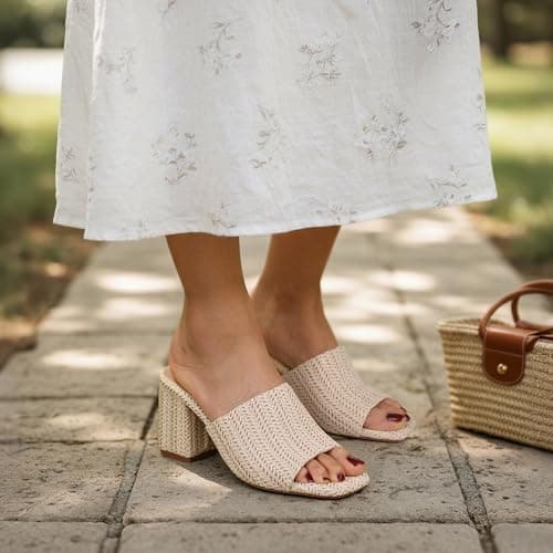 Ancomafio Women's Heeled Sandals Raffia Sandals Square Open Toe Heels Backless Mules Slip On Block Heels Beige Size 8 - Thumbnail 2