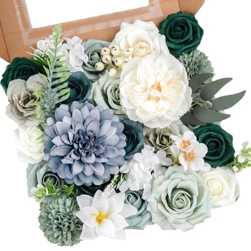 AKAUKIN Green Artificial Flowers Box Set Fake Silk Roses Peonies Dahlia & Greenery with Stems for Wedding Bridal Bouquets, Baby Shower, Party, Table Centerpieces, Home Decor & DIY Floral Arrangements - Image 1
