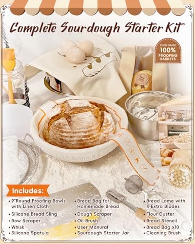RYMTOX Complete Sourdough Starter Kit with Manual | Easy to Clean for Beginners | Sourdough Bread Baking Supplies with Round Bread Proofing Basket, Bread Sling, Starter Jar, Dough Whisk, Scrapers, Bag - Thumbnail 2