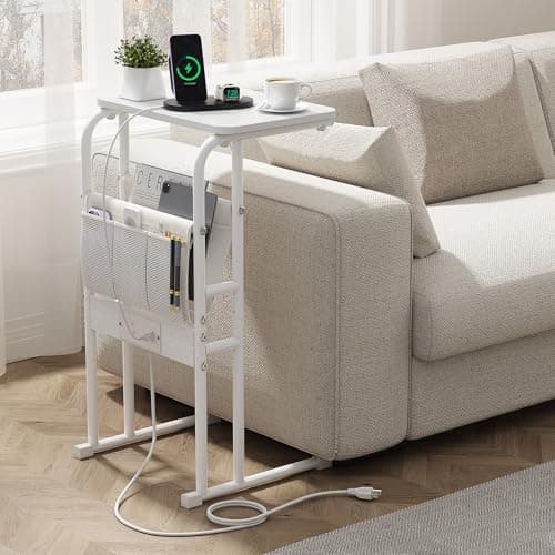 Olldide C Shaped End Table with Charging Station, Side Table for Living Room Bedroom, Slide Under Couch Sofa TV Trays Desk, Small Narrow Space Applicable, White - Image 1