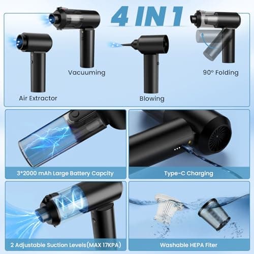 Tkkich Car Vacuum Portable Cordless,90°Foldable 4in1 Vac V2 Handheld Vacuums Cleaner Brushless Motor High Power 17000PA Compressed Air Dusters Cordless Vacuum Cleaners for Car Home Office Pet - Thumbnail 2