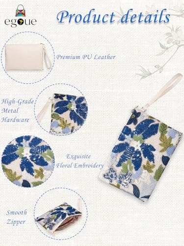 EGOUE Clutch Purses for Women, Embroidered Floral Clutch Bag with Leather Wrist Strap for Daily Travel, Parties & Wedding - Thumbnail 5