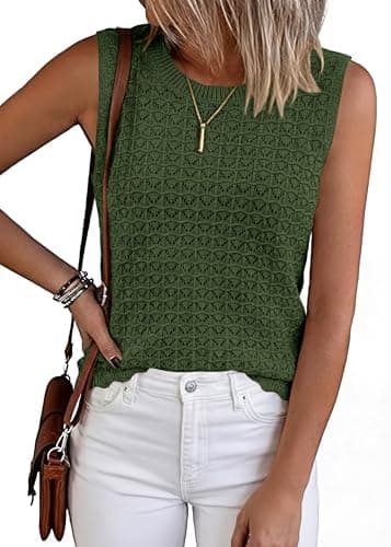 KIRUNDO Sweater Vest Women Crochet Tank Tops 2026 Spring Summer Sleeveless Knit Pullover Beach Cover Up Vacation Outfits (Army Green, Large) - Image 1