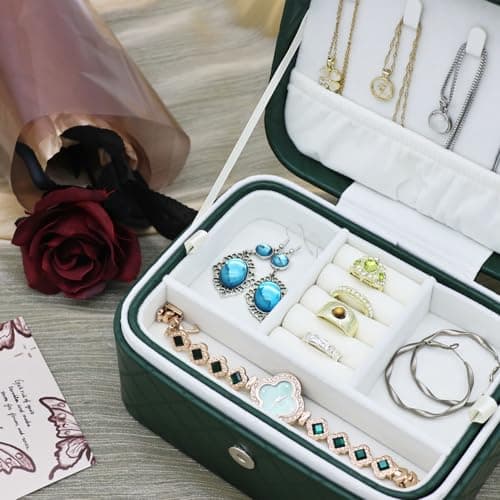 Cuifdem Jewelry Travel Case, 2-Layer Jewelry Box Organizer Medium Jewelry Travel Box, Portable Faux Leather Jewellery Storage Boxes with Argyle for Women, Daily Jewellery Case Home Use (Dark green) - Thumbnail 5