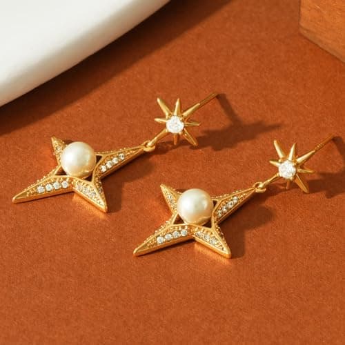 VALLOEY ROVER Starburst Stud Earrings for Women 14K Gold Plated Cubic Zirconia Pearl Ear Stud 925 Sterling Silver Post Everyday Jewelry Gift for Women - Thumbnail 6