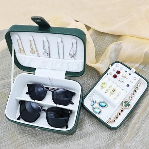 Cuifdem Jewelry Travel Case, 2-Layer Jewelry Box Organizer Medium Jewelry Travel Box, Portable Faux Leather Jewellery Storage Boxes with Argyle for Women, Daily Jewellery Case Home Use (Dark green) - Thumbnail 6