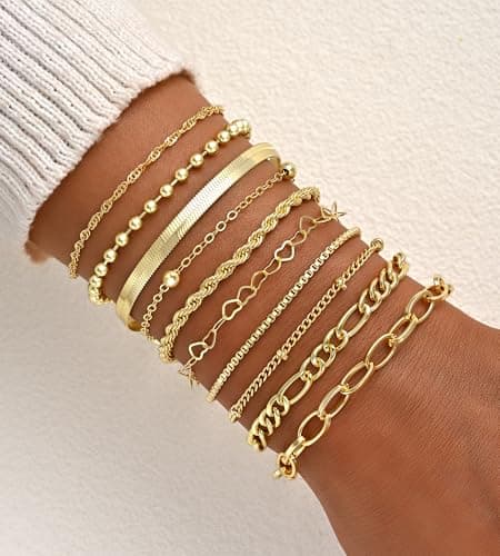 10 Pcs Gold Bracelets Set for Women, 14K Gold Plated Stackable Cuban Link Paperclip Chain Bracelet Pack, Dainty Gold Bracelets Stack Jewelry Gift (Gold-A 1) - Thumbnail 5