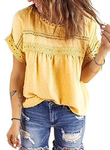 Dokotoo Women's Summer Lace Crochet Crew Neck Flowy Short Sleeve Casual Loose Babydoll Chiffon Top Yellow S - Image 1
