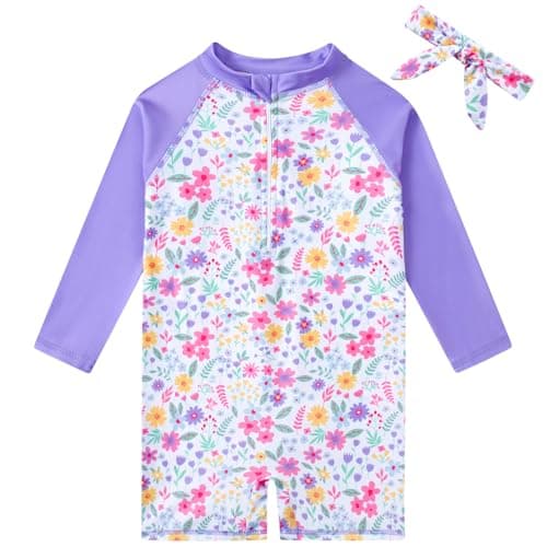Funnycokid Toddler Bathing Suit Girl 12-18 Months Swimsuit Baby Rash Guard Floral Long Sleeve Swimwear One Piece Purple with Headband - Image 1