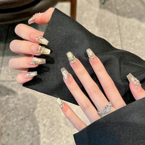 Yacey Handmade Press On Nails – Medium Coffin False Nails for Women, Reusable Acrylic French Tip with Pearl & 3D Buttterfly Cat Eye Design – Salon Quality Fake Nails (10PCS, M） - Thumbnail 2