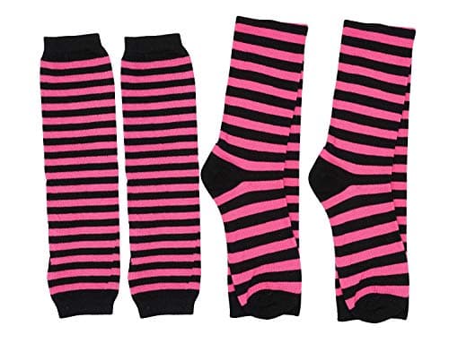 Bienvenu Women Stretch Striped Socks Knee High Stockings Long Arm Warmer Fingerless Mitten Gloves,Fuchsia - Thumbnail 5