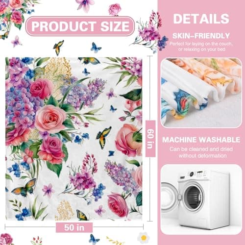 yuboo Spring Floral Throw Blanket, Soft Flannel Blanket Gifts for Women Wife Flower Lovers, Decorations for Home Bed Sofa Couch Chair Business Travel Home Ornaments, 50 x 60 Inch - Thumbnail 5