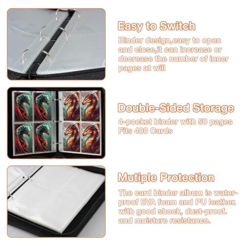 TanoShiimii Trading Card Binder, 400 Pocket Card Album, 3-Ring Refillable Binder with Zipper, Water-Resistant PU Leather for TCG Collectors, Kids and Friends Glacial Leviathan - Thumbnail 5