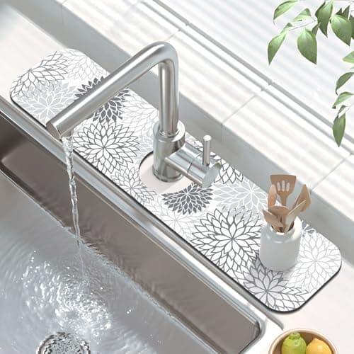 Findosom 2PCS 16" x 24" Dish Drying Mat & 24" x 5.5" Sink Splash Guard, Super Absorbent & Cuttable Dish Mat Drying Kitchen Mat with Gray Floral, Hide Stain Drying Mat for Kitchen Counter - Thumbnail 3