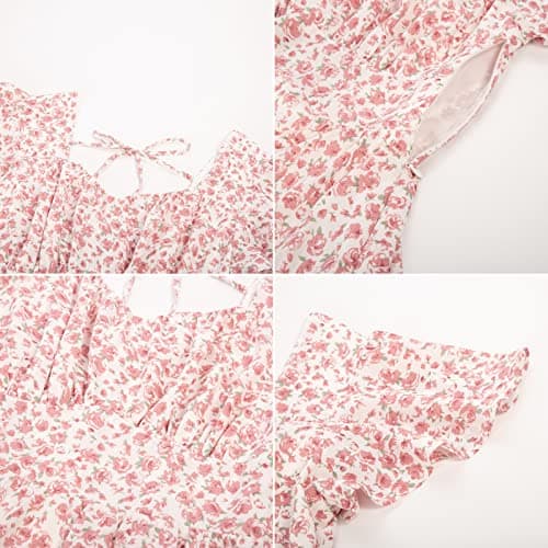 Belle Poque Women's 2026 Floral Summer Sun Dress Square Neck Short Sleeve Tiered Ruffle Boho Swing Dresses Pink S - Thumbnail 5
