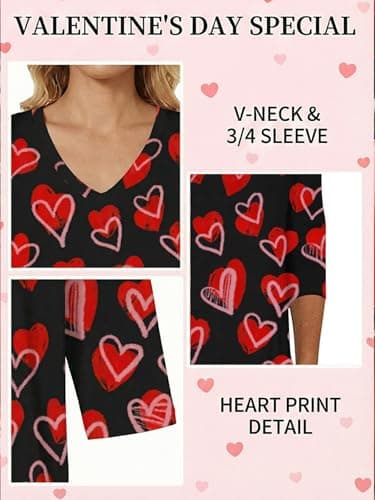 Valentine 3/4 Sleeve V Neck T Shirts for Women Love Heart Graphic Tee Red Valentine's Tops Casual Spring Day Blouse - Thumbnail 5