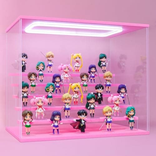 Naconmlet Pink Wood Base Acrylic Display Case for Collectibles, 6-Tier Clear Display Box with Steps for Funko Pop & Action Figures, Dustproof Showcase Organizer, 19.7x12.6x16.5 Inches