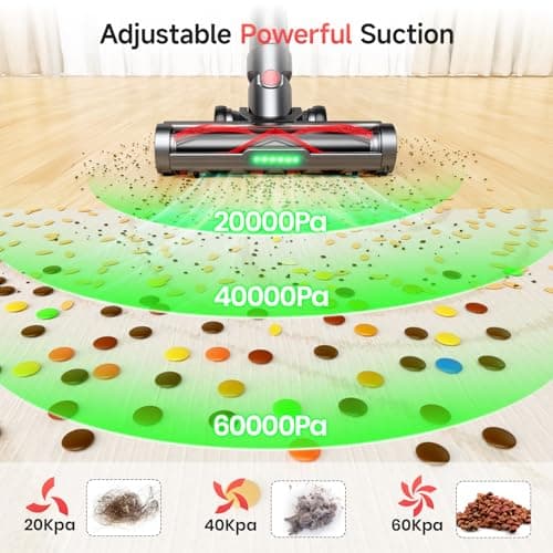 Cordless Vacuum Cleaner, 580W 60KPA Dual Motor Stick Vacuum for Home with 70mins Runtime, 6 LED Green Headlights, Self-Standing Design, V-Shaped Floor Brush for Carpet Tile Pet Hair Hardwood Floors - Thumbnail 3