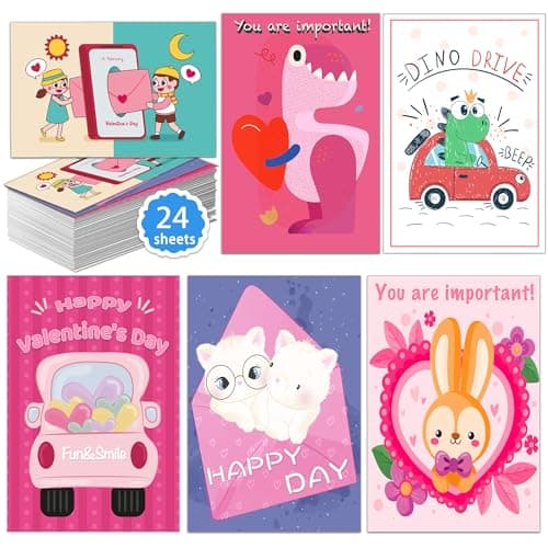 HSHFAMIIY Valentines Day Cards for Kids School, 24 Sheets Valentines Cards for Kids Classroom, Valentine's Day Gifts for Kids, Exchange Kids Gifts for School - Image 1