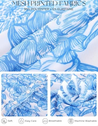 GRACE KARIN Women Mesh Boho Top Dressy Casual Short Sleeve Button Down Collared Shirt 2026 Floral Blouse Blue White Large - Thumbnail 5