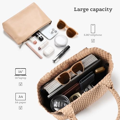 Woven tote Bag for Women, Large woven handbag Shoulder Bag Soft Vegan Leather with Inner Zipper Pouch Khaki - Thumbnail 4