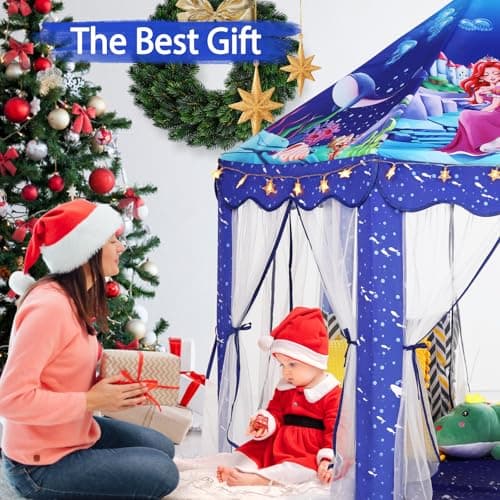 Monobeach Mermaid Princess Tent Girls Blue Large Playhouse Kids Castle Play Tent with Star Lights Gift Toy for Children Indoor and Outdoor Games - Thumbnail 4