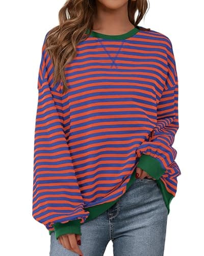 BTFBM Womens Oversized Striped Sweatshirt 2026 Spring Crewneck Long Sleeve Pullover Top Casual Y2K Clothes Workout Shirt(Royal Blue Orange, X-Small) - Image 1