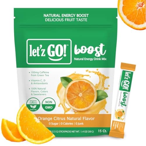Let'z Go Clean Energy Drink Mix – Natural Caffeine Packets, Vitamins C + D, Electrolytes, Sugar-Free, Zero Calories | Anytime Energy | 15 Count (Orange Citrus) - Image 1