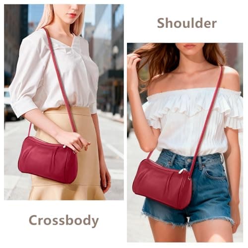 Genuine Leather Hobo Crossbody Bags for Women, Designer Barrel Purse Fashion Wrinkle Design Shoulder Cylinder Bag for Parties Dating and Casual Outings, Burgundy - Thumbnail 3