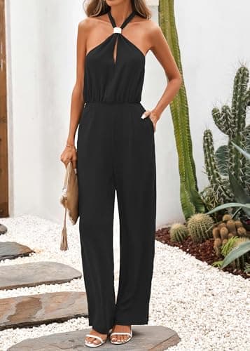 Lazysmile Summer Jumpsuits for Women Sleeveless Halter Backless Pants Romper Dressy Wide Legs One Piece Outfits - Thumbnail 4