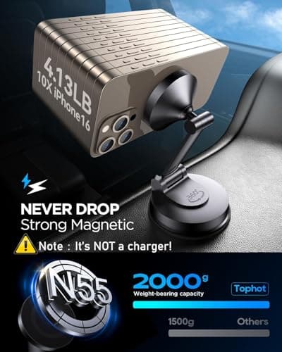 Tophot for MagSafe Car Mount, Car Phone Holder for Dashboard, 360° Rotatable Magnetic Phone Holder for Cars, Strong Adhesive, Sturdy Metal Mount, Compatible with iPhone Samsung - Thumbnail 3