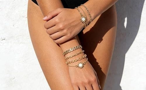 Bracelets Sets 14K Gold Plated Trendy Thin Dainty Stackable Cuban Link Paperclip Chain Leaf Sun Fashion Gifts Jewelry - Thumbnail 6