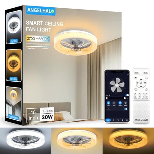ANGELHALO 16" Smart Ceiling Fan with Light, Dimmable 2700K-6500K, Remote/App Control, Low Profile Flush Mount Fandelier with 6 Silent Speeds, Bladeless Fan Light for Bedroom/Kids Room/Home Offices - Image 1