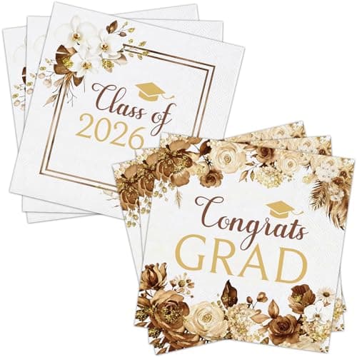 80 Pcs Boho Graduation Napkins, 6.5 Inch Boho Floral Congrats Grad Party Napkins Gold and White Class of 2026 Paper Napkin for High School College Graduation Party Decorations