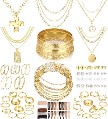 FANDY 137 Pieces Gold Jewelry Set for Women, 12 Necklace, 14 Bracelet, 21 Earrings, 24 Knuckle Rings, 66 Hair Accessory, Gold Jewelry for Women Gift - Image 1