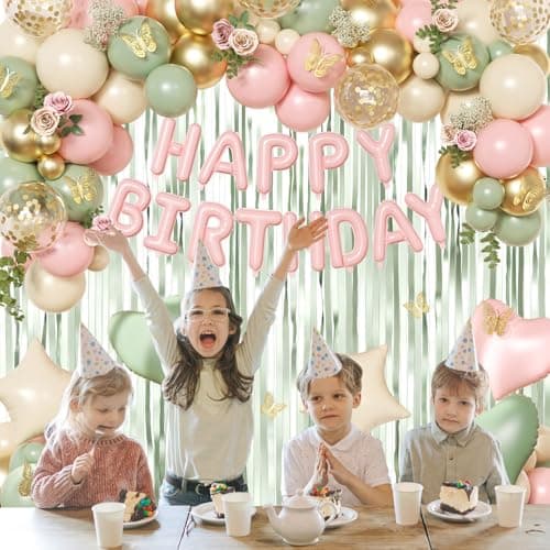 Pink and Green Birthday Decorations for Women Girls, Sage Green Pink Sand White Gold Foil Confetti Balloons Happy birthday Banner Gold Butterfly Fringe Curtains Birthday Decorations - Thumbnail 6