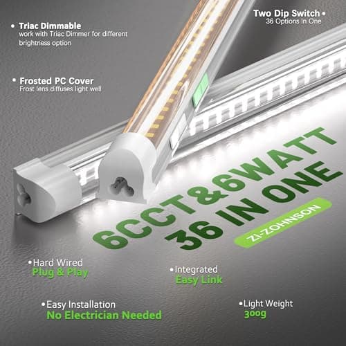 Zi-ZOHNSON 6 Pack Dimmable 4FT Led Shop Lights,30W 4500LM 3000-6500K Tunable,T8 Led Commercial Bay Light,High Output,Plug and Play, Linkable Lights for Warehouse,Basement,Barn - Thumbnail 3