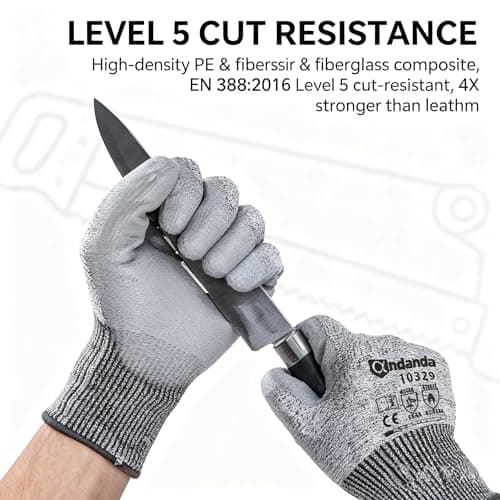 ANDANDA Cut Resistant Gloves Level 5, PU Coated Work Gloves with Power Grip for Dry & Slightly 0ily Environment, Garden, 9L Grey - Thumbnail 3