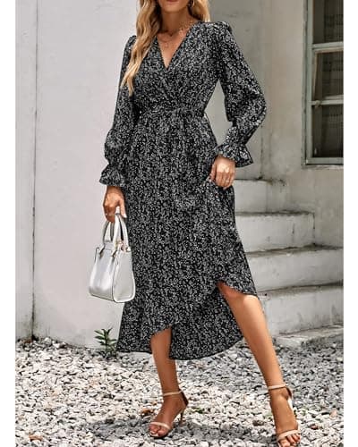 BTFBM Womens Dresses Spring Clothes 2026 V Neck Floral High Waist Ruffle Wedding Guest Cocktail Boho Long Sleeve Dress(Floral Black, X-Large) - Thumbnail 3