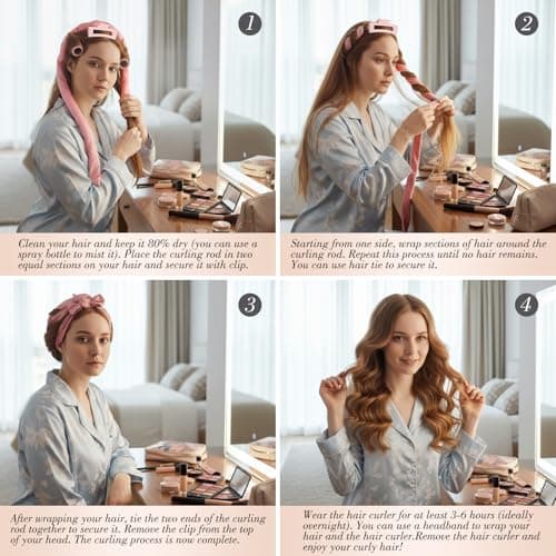 Obeoby Heatless Curls Overnight Set, No Heat Hair Curlers To Sleep In, Hair Rollers with Scrunchies and Clips for Women Long & Short Hair, pink - Thumbnail 4