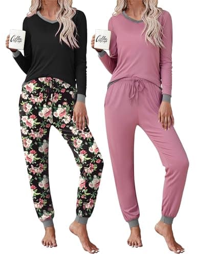 Frcdaunrs 2 Pack Women Pajama Long Sleeve Sleepwear Set Soft Loungewear Contrast Color V-Neck Pjs Sets With Pockets Purple - Image 1