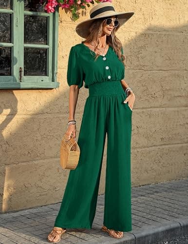 LOOKBOHO Women's Jumpsuits Short Sleeve Smocked High Waist Dressy V Neck Wide Leg One Piece Rompers Formal Outfits Dark Green XXL - Thumbnail 6