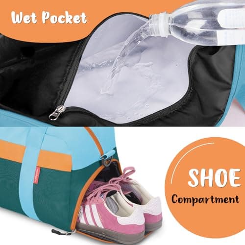 WOOMADA Travel Duffle Bag, Weekend Bag with Wet Pocket & Trolley Sleeve, Overnight Bag With Shoe Compartment, Fit for Sports Practice, Travel and Gifts(green blue) - Thumbnail 4