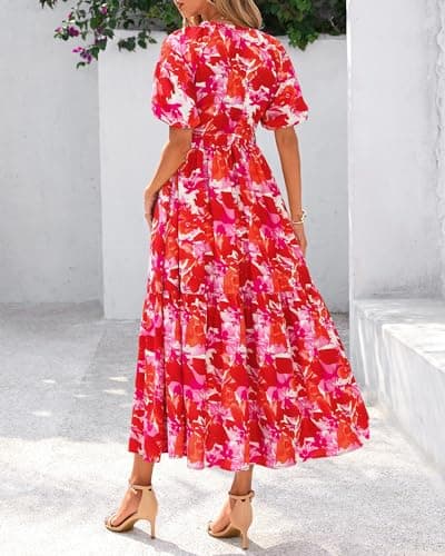 BTFBM Summer Dresses for Women 2026 Boho Short Sleeve V Neck Button Belt Flowy Spring Clothes Beach Vacation Maxi Dress(Floral Orange Pink White, X-Large) - Thumbnail 3