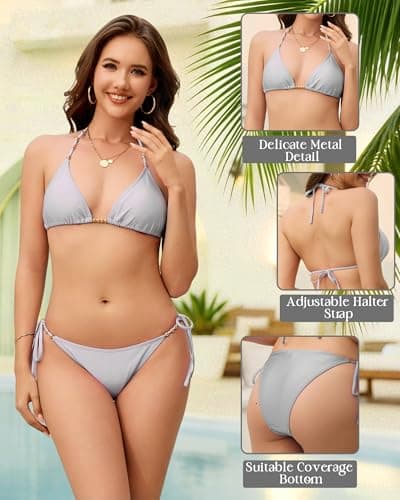 jabeick Bikini Sets for Women Two Piece Swimsuit Gold Beads Adjustable Straps Bathing Suit Triangle Cheeky String Bikini Sets - Thumbnail 3